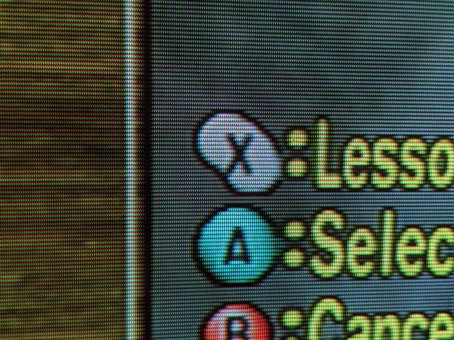 Close-up shot of 480p scanlines in Super Monkey Ball 2.